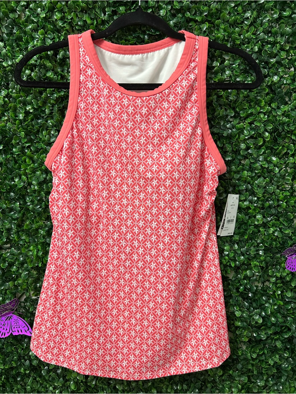 Lands’ End Women’s Swim Tank Top Coral Geometric Print Size Medium NWT